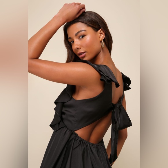 Lulus-Glorious Essence Black Satin Ruffled Tiered Tie-Back Maxi Dress (Medium) - Picture 5 of 5
